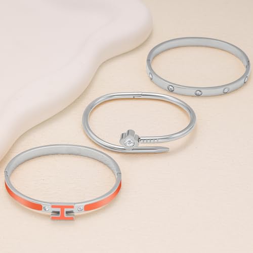 3Pcs Gold Bracelets for Women 14K Gold Plated Love/H/Nail Bangle Bracelet Dainty Non Tarnish Bracelet Jewelry Christmas Mothers Day Gifts for Women - color: 3Pcs Silver/Orange H bracelet