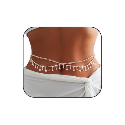 Gold Belly Chain Rhinestone Body Jewelry Chain Plated Waist Chains Layered Body Waist Summer Beach Bikini Jewelry for Women - style: star-silver