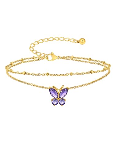 Suplight Gold Plated Butterfly Anklets for Women Waterproof, Layered Boho Ankle Bracelet with Birthstone, Stainless Steel Adjustable Non-Tarnish Heart Foot Jewelry Beach Vacation - color: 06. Butterfly-Jun. Alexandrite