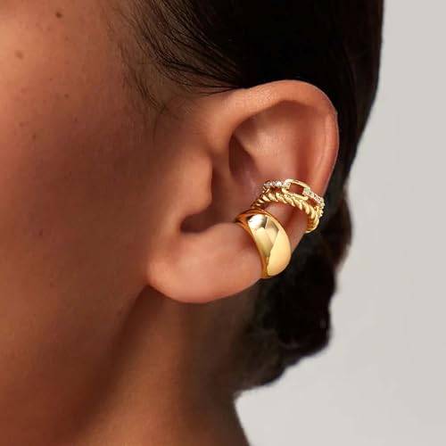 MEVECCO Ear Cuffs Non Piercing 18K Gold Plated Ear Cuff Earring Sets Clip on Cartilage Cubic Zirconia Pearl Minimalist Hypoallergenic Fake Hoop Earrings Stack Women Gifts - style: 3pcs-Chunky