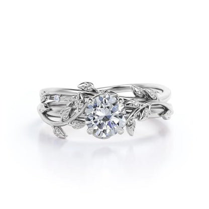 Center 1 CT Round Cut Floral Moissanite Wedding Rings Sets for Women Leaf and Vine Art Deco Engagement Ring Sets in S925 Sterling Silver 10K 14K 18K Gold with Text Engraving - color: Style B