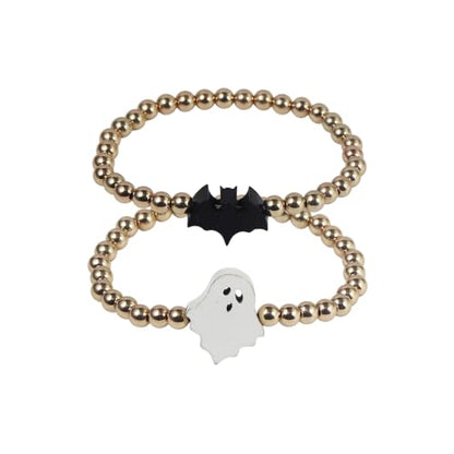 Halloween Gold Beaded Bracelets Wooden Pumpkin Ghost Bat Spider Beads Stretch Bracelet Funny Halloween Holiday Party Gifts for Women - color: D