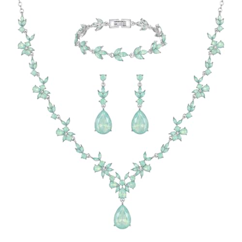 Kamirola Bridal Jewelry Set, Jewelry Set for Women, Necklace Dangle Earrings Bracelet Set, White Gold Plated (TR76) - color: Cream Green