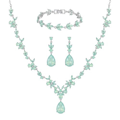 Kamirola Bridal Jewelry Set, Jewelry Set for Women, Necklace Dangle Earrings Bracelet Set, White Gold Plated (TR76) - color: Cream Green