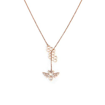 18K Gold Plated Stainless Steel Bee Honeycomb Pendant Necklace, Adjustable Y Lariat Conch/Guitar/Horseshoe Necklace for Women - color: Rose Gold, style: Bee