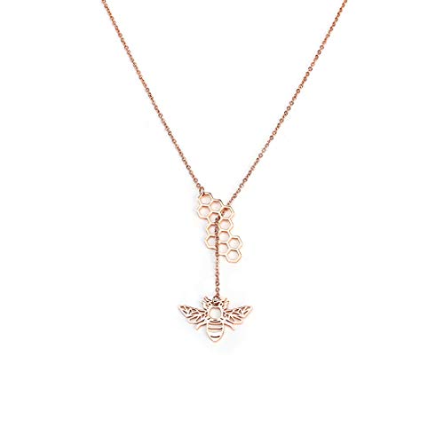 18K Gold Plated Stainless Steel Bee Honeycomb Pendant Necklace, Adjustable Y Lariat Conch/Guitar/Horseshoe Necklace for Women - color: Rose Gold, style: Bee