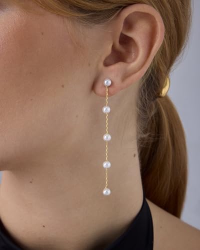 PAVOI 14K Gold Plated 925 Sterling Silver Posts Pearl Dangle Drop Earrings | Bridal Pearl Earrings for Women - style: Station Pearls