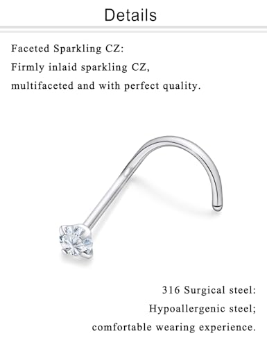 Nose Studs Surgical Steel Nose Rings Studs with Cubic Zirconia 10Pcs Tiny Nostril Rings for Women Screw Bone and L-Shaped Nostril Piercing Jewelry 24G 22G 20G 18G - color: silvertone,screw nose studs, size: 22g,1.5mm Clear CZ