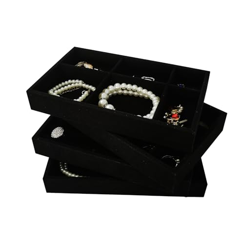 Stackable Jewelry Trays Velvet Drawer Organizer Inserts Tray Jewelry Storage Display Case for Rings,Stud Necklaces,Earrings (Black) - color: Black