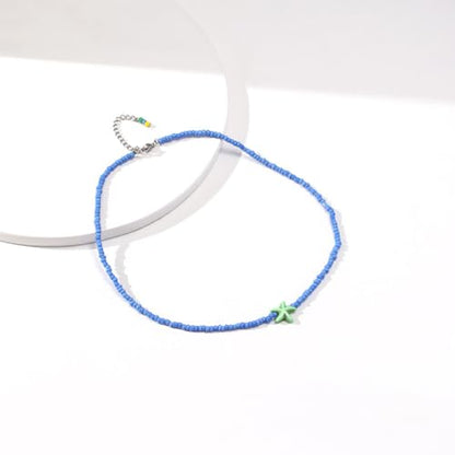 Seed Bead Choker Necklace for Women Bohemian Tiny Beads Choker Colorful Rice Bead Starfish Choker Summer Surfer Beach Necklace Jewelry Gift - color: Blue