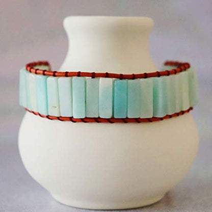 YGLINE Boho Handmade Wrap Leather Tube Crystal Stone Bracelet for Women - color: Amazonite