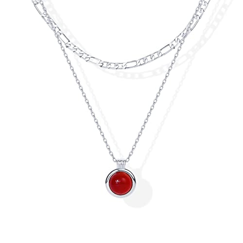 PAVOI 14K Gold Plated Layered Necklaces for Women | Gemstone Pendant Figaro Chain Necklace | Carnelian, Green Aventurine, Malachite Layering Necklace - color: White Gold, style: Carnelian