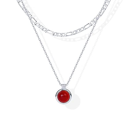PAVOI 14K Gold Plated Layered Necklaces for Women | Gemstone Pendant Figaro Chain Necklace | Carnelian, Green Aventurine, Malachite Layering Necklace - color: White Gold, style: Carnelian