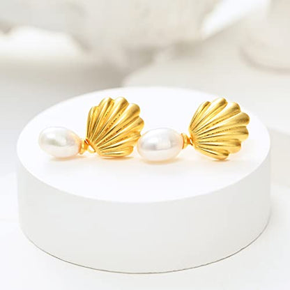 925 Sterling Silver mother shell Pearl Earrings, Women's Shell Freshwater Pearl Dangle Gold Earrings, Hypoallergenic Women's Pearl Earrings Women's Jewelry, Gifts for Mom, Girlfriend, Daughter - style: paerl earrings