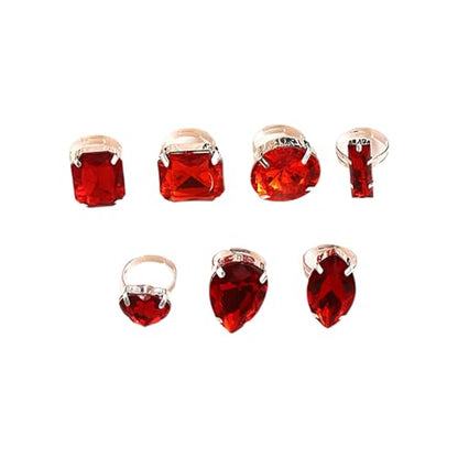 Chunky 7Pcs Silver Crystal Knuckle Rings Set Geometric Rhinestone Waterdrop Open Rings Stackable CZ Circle Square Finger Rings Jewelry Set for Women - color: Red