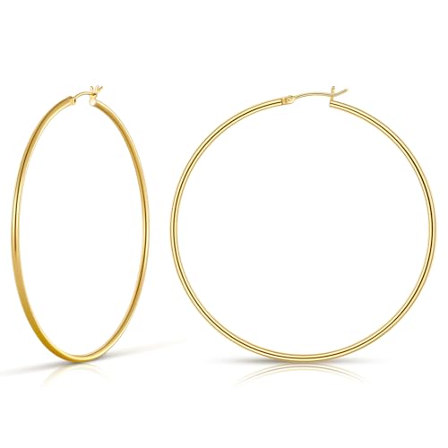 Gold Hoop Earrings for Women 14K Gold Plated | 925 Sterling Silver Post Hypoallergenic Hoop Earrings - color: Gold, size: 70mm