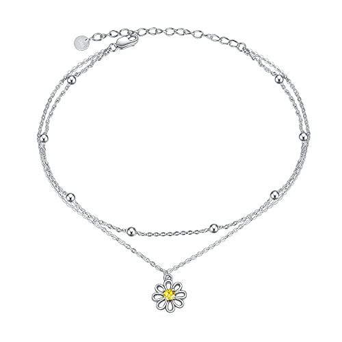 POPLYKE 925 Sterling Silver Double Layered Chain Evil Eye Daisy Sunflower Butterfly Anklets for Women Holiday Beach Crystal Ankle Bracelet Dainty Evil Eye Jewelry - style: Daisy Anklet