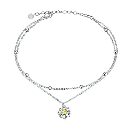 POPLYKE 925 Sterling Silver Double Layered Chain Evil Eye Daisy Sunflower Butterfly Anklets for Women Holiday Beach Crystal Ankle Bracelet Dainty Evil Eye Jewelry - style: Daisy Anklet