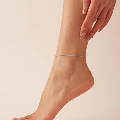 Dainty Ankle Bracelets for Women 18K Gold Plated Waterproof | Satellite Beaded Herringbone Lip Chain Anklets Simple Minimalist Summer Beach Foot Jewelry, Gift Box Included - color: Satellite-White Gold