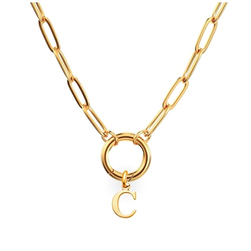 Paperclip Chain Carabiner Initial Charm Holder Necklace by Ginger Lyne | 18K Gold-Plated or Silver Tone Paperclip Chain with Carabiner Charm Holder, Adjustable 18-20 Inch, A-Z Initial Pendant - color: Gold-C