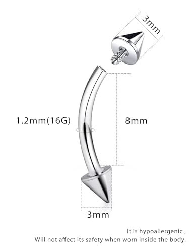 16g/18g/20g Titanium Internally Threaded Eyebrow Piercing Jewelry Vertical Labret Lip Jewelry Curved Barbell Tiny Eyebrow Ring Rook Earring Small Belly Button Ring for Women Men - color: spike,16g,bar:8mm