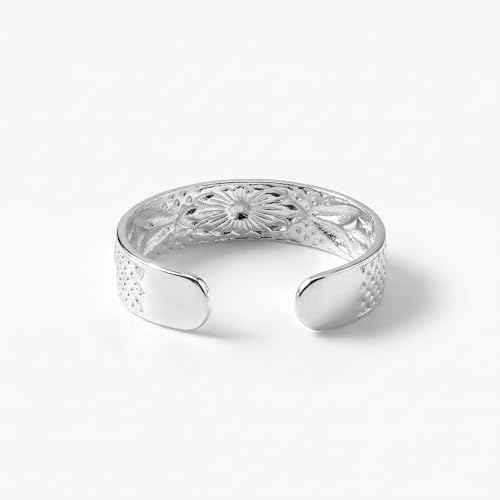 Sterling Silver Toe Ring, Adjustable Open Band, Handmade | Fits Toe, Knuckle or Pinky Ring | One Size Fits Most | Comfortable to Wear | Minimalist Style | Water Resistant - style: Floral Shiny Band