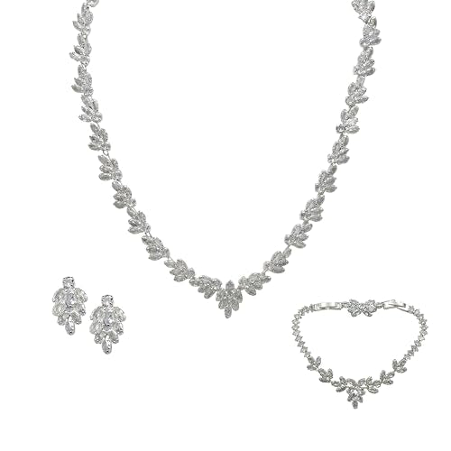 Bride Jewelry Set Silver Crystal Wedding Necklace Earrings Bracelet Set - Bridal Rhinestone Brass Pendant Accessories for Women and Bridesmaids - style: Jewelry Set 01