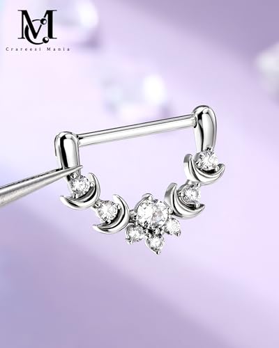 CM Crareesi Mania Moon Nipple Clicker Rings,14G Nipple Shield Rings, 316L Stainless Steel Nipple Barbells Clear CZ, Nipple Rings for Women - color: Silver