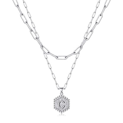 M MOOHAM Dainty Initial Necklaces for Women, 14K-Gold-Plated Layering Necklace for Women Cute Hexagon Letter Initial Necklace Layered Necklaces for Womens Teen Girl Gifts - color: Silver Plated, style: C