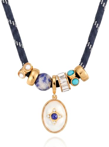 Statement Cord Rope Necklace - Chunky Blue Heart/Gold Shell/Pearl Charm Necklace, Natural Stone Zirconia Pendant Necklace for Women, Summer Beach Jewelry Vacation Holiday Birthday Gifts - color: Lapis lazuli & Pearl