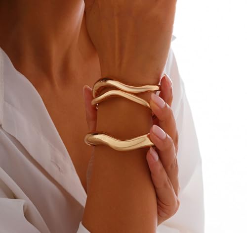 Chunky Gold Bangle Bracelets for Women Trendy Irregular Statement Cuff Bracelets Stack Wide Minimalist 3PCS Bangle Set Jewelry - style: Gold B