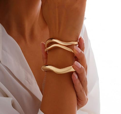 Chunky Gold Bangle Bracelets for Women Trendy Irregular Statement Cuff Bracelets Stack Wide Minimalist 3PCS Bangle Set Jewelry - style: Gold B