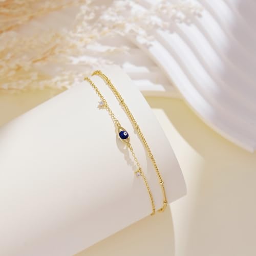 Gold/Sterling Silver Anklet Bracelets for Women Waterproof, Non Tarnish 925 Sterling Sliver Plated Heart Evileye Butterfly Charm, Dainty Summer Beach Anklets for Women, Beach Vacation Bikini Outfits for Her Mom - style: Evil eye-Gold