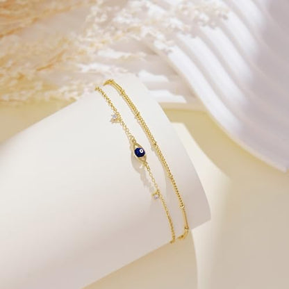Gold/Sterling Silver Anklet Bracelets for Women Waterproof, Non Tarnish 925 Sterling Sliver Plated Heart Evileye Butterfly Charm, Dainty Summer Beach Anklets for Women, Beach Vacation Bikini Outfits for Her Mom - style: Evil eye-Gold