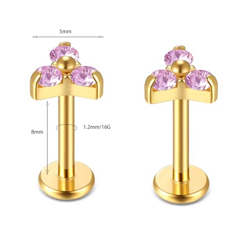 BelezaDosas G23 Titanium Labret Studs 16G Threadless Push-in Press Fit Lip Cluster Tragus Helix Lobe Conch Rook Medusa Cartilage Monroe Earring Push Back Piercing Jewelry - color: 16g8mm tri gd pk