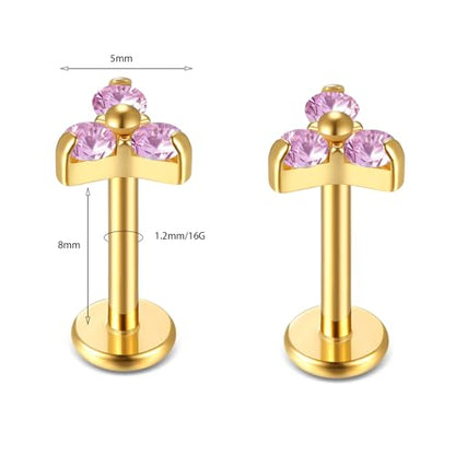 BelezaDosas G23 Titanium Labret Studs 16G Threadless Push-in Press Fit Lip Cluster Tragus Helix Lobe Conch Rook Medusa Cartilage Monroe Earring Push Back Piercing Jewelry - color: 16g8mm tri gd pk