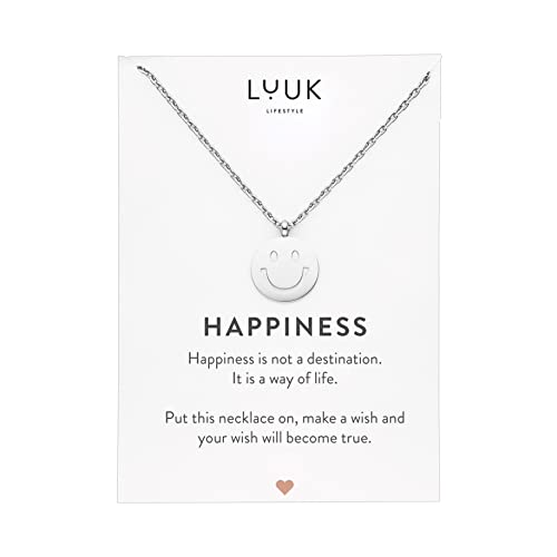 LUUK LIFESTYLE Stainless steel necklace with pendant and HAPPINESS card, 20” adjustable length, lucky charm, friendship chain, Valentine's Day gift, birthday, women's jewelry, silver, gold, rosegold - color: Silver, size: Smiley