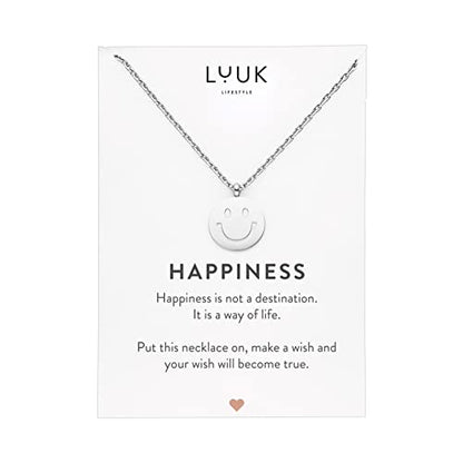 LUUK LIFESTYLE Stainless steel necklace with pendant and HAPPINESS card, 20” adjustable length, lucky charm, friendship chain, Valentine's Day gift, birthday, women's jewelry, silver, gold, rosegold - color: Silver, size: Smiley