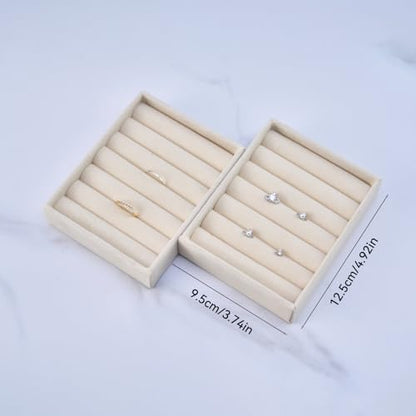 Ring Tray - 2PCS Small Jewelry Organizer, Velvet Rings & Earrings Display Tray with Storage Insert (Beige)