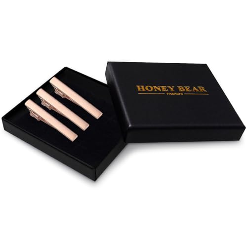 HONEY BEAR 2.12" Standard Tie Clip Bar 3-Piece Set for Men Wedding Business | Classic Minimalist, Steel-Plated Copper Base, Gift-Boxed, Thickened, Rounded Corners, Easy to Slide On, No Snag or Wrinkle - style: Rose Gold Brushed Horizontal with box