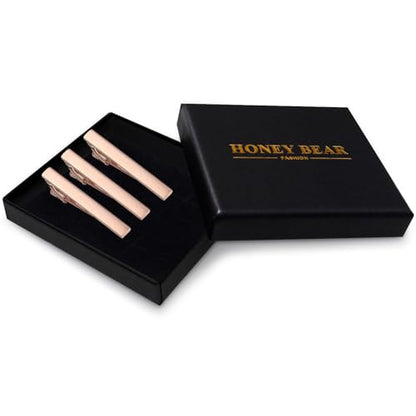 HONEY BEAR 2.12" Standard Tie Clip Bar 3-Piece Set for Men Wedding Business | Classic Minimalist, Steel-Plated Copper Base, Gift-Boxed, Thickened, Rounded Corners, Easy to Slide On, No Snag or Wrinkle - style: Rose Gold Brushed Horizontal with box