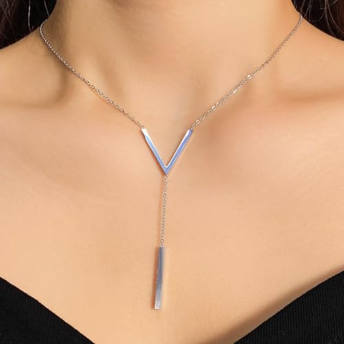 Simple Gold Bar Necklace for Women,Dainty Long Chain Lariat Necklaces Trendy Silver Statement Y Necklace,Charm Everyday Jewelry Accessories Gifts - color: Silver