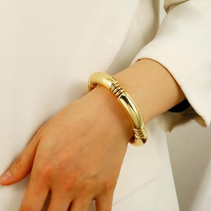 Gold Chunky Bangles Bracelets For Women 14k Gold Plated Stack Layered Curved Bamboo Tube Stretch Bracelets Gift Jewelry - color: 1pcs Gold