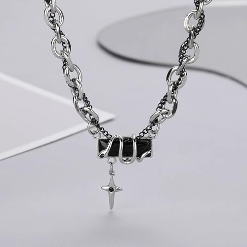 Gothic Cross Star Necklace For Men Women Silver Stainless Steel Cuban Link Paperclip Figaro Bead Chain Punk Kpop Y2k Goth Irregular Layered Cross Pendant Necklace Non Tarnish Jewelry Gift - color: Silver O