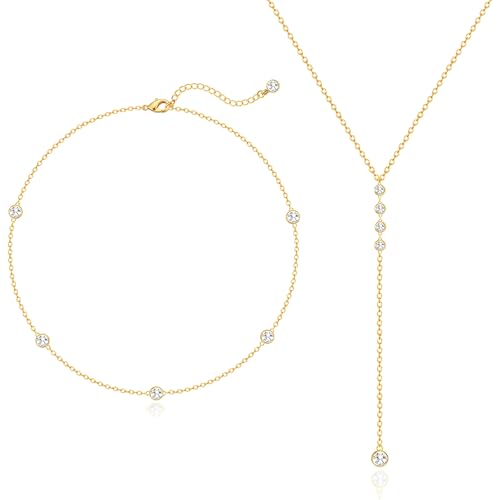 Zeffy Lariat Gold Necklace for Women, Dainty Long Necklace 14k Gold/Silver Plated Layered CZ Beaded Bar Chain Y-Shaped Body Chain Stack Drop Wedding Necklace Trendy Simple Gold Jewelry Gifts - color: Gold CZ Layered Y Necklace(2PCS)