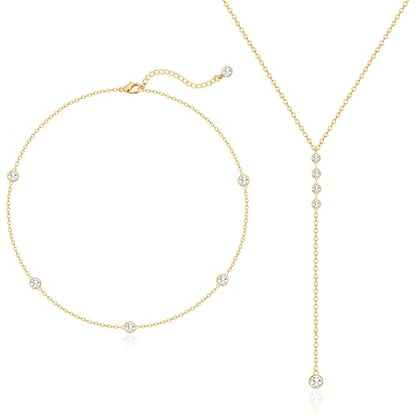 Zeffy Lariat Gold Necklace for Women, Dainty Long Necklace 14k Gold/Silver Plated Layered CZ Beaded Bar Chain Y-Shaped Body Chain Stack Drop Wedding Necklace Trendy Simple Gold Jewelry Gifts - color: Gold CZ Layered Y Necklace(2PCS)