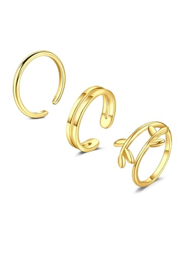 3pcs Silver Gold Toe Rings for Women Gold Toe Ring Silver Toe Rings non Tarnish Adjustable Womens Toe Rings Big Toe Jewelry Simple Tail Ring Stackable Rings - style: C2-basic leaf double-gold