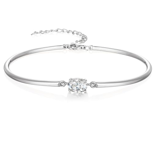 Moissanite/Sapphire/Ruby/Emerald Cuff Bracelet 1 Carat Oval Cut Center Stone Inlaid 925 Sterling Silver 14K Gold Plated Adjustable Birthstone Bangle for Women fit Wrist 5-7.5 Inch - color: Moissanite Silver