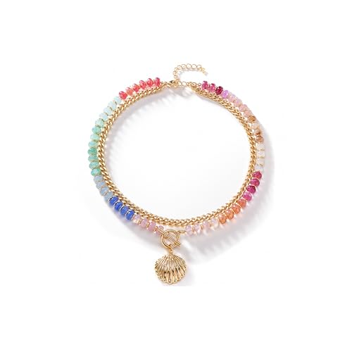 Colorful Acrylic Beaded Necklace For Women, Boho Double Layer Rainbow Beads Thick Cuban Chain Chunky Heart Pendant Statement Choker Summer Beach Jewelry Gift - color: Colorful Gold CZ Shell