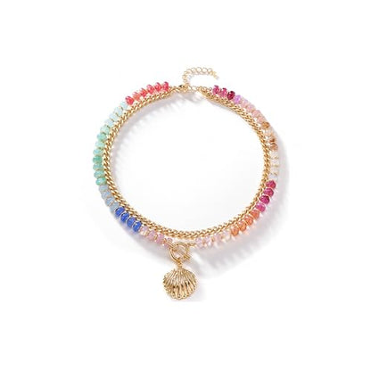 Colorful Acrylic Beaded Necklace For Women, Boho Double Layer Rainbow Beads Thick Cuban Chain Chunky Heart Pendant Statement Choker Summer Beach Jewelry Gift - color: Colorful Gold CZ Shell